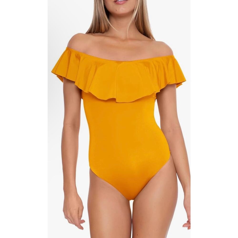 Trina Turk Mellow Yellow Ruffle Bandeau One Piece Swim Suit 14 NWT